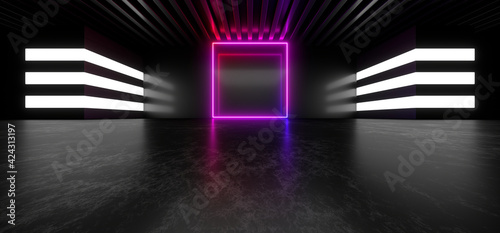 Sci Fy neon lamps in a dark tunnel. Reflections on the floor and walls. 3d rendering image.