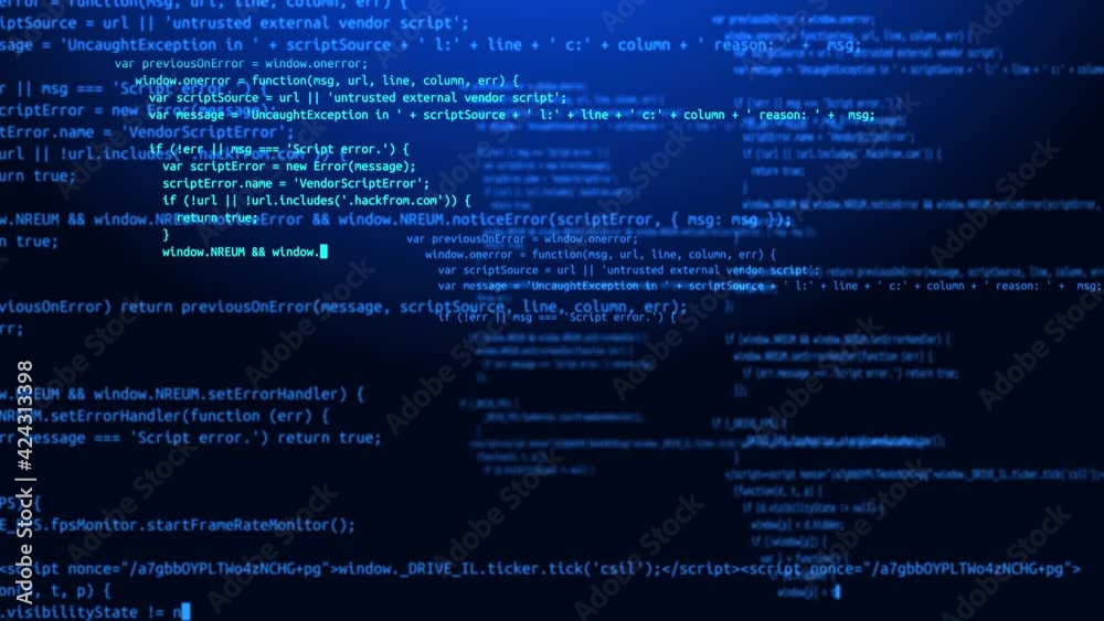 4K loop Blue Screen Program Code on a Computer Screen in Defocus Animation. Software development and hacking concept. Technology, coding, programming. hacking, web programming