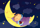 chłopiec śpi i śni mu się podróż na księżyc, słodkie sny pod kołderką, dziecko przytulone do poduszki, głęboki sen, gwiaździsta noc