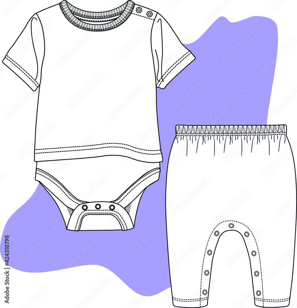Baby fashion clothing design. Bodysuit vector flat sketch. Baby clothing template. You can use