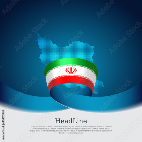 Iran flag and map background. State iranian patriotic banner, cover, business flyer. Wavy ribbon color flag of iran on a blue white background. National poster. Vector tricolor brochure design