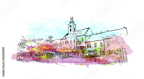 Building view with landmark of Pilsen is the 
city in the Czech Republic. Watercolour splash with hand drawn sketch illustration in vector.