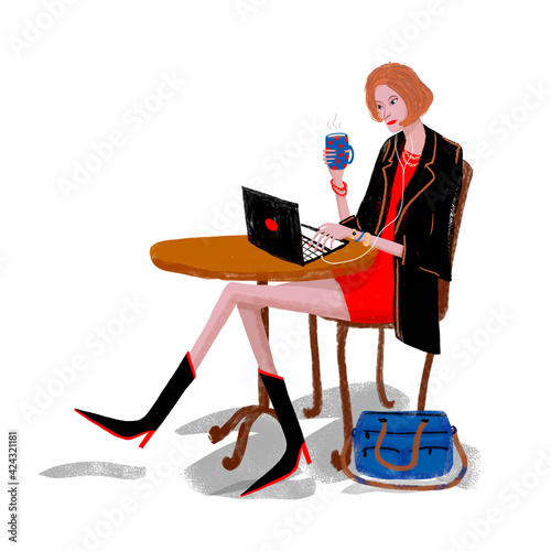 Young woman with notebook working in cafe. Distance online work lifestyle. Girl with brown hair, wearing red dress, black suit, holding coffee cup, sitting with black laptop at the table