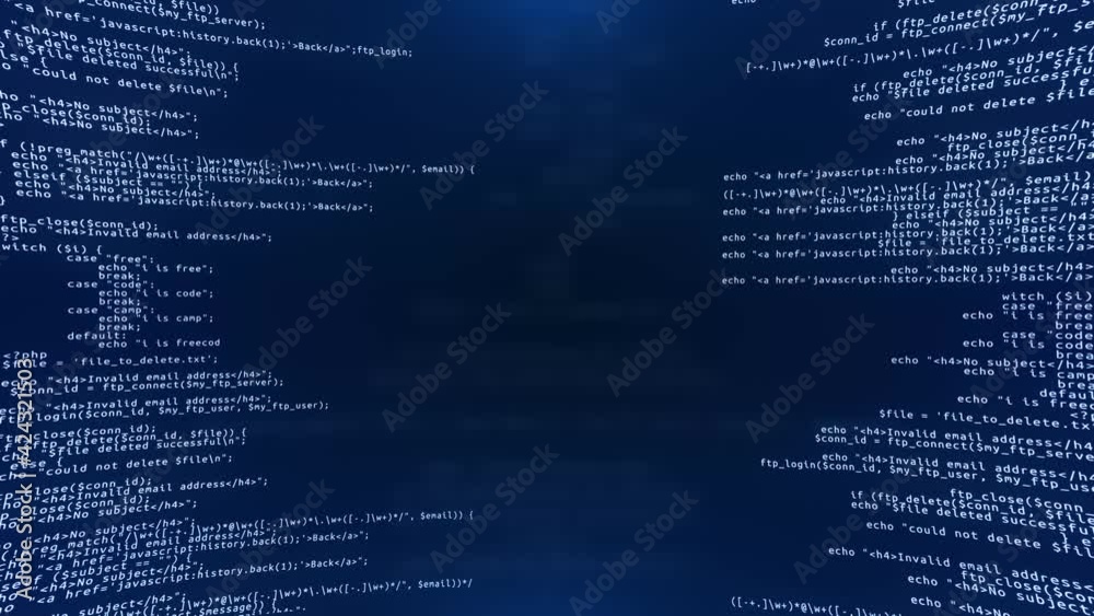 3D Hacking code data flow stream on blue Screen Animation. Computer screen with encrypted fast typing coding symbols. Network security, programming, development, cyber encryption.