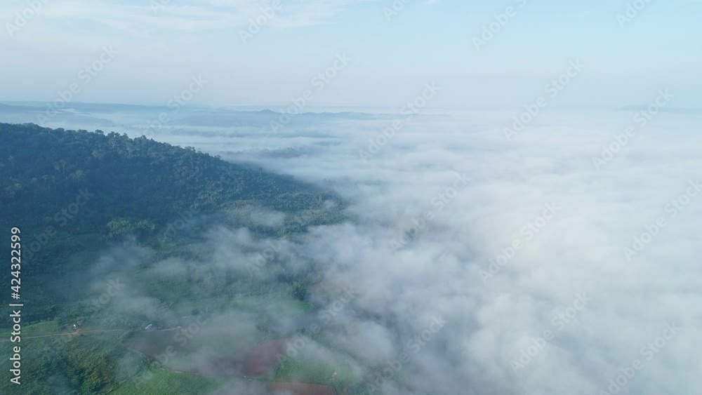 Aerial view drone camera sea of fog above the beautiful ocean of clouds at sunrise Sun is rising above the endless sea of clouds until the horizon.Amazing nature landscape 4K High quality drone in sky