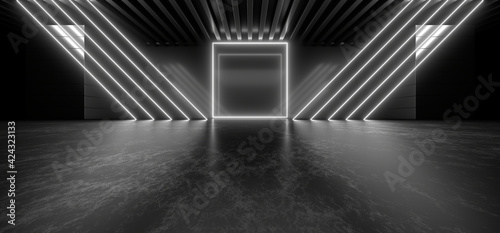 A dark corridor lit by white neon lights. Reflections on the floor and walls. 3d rendering image.