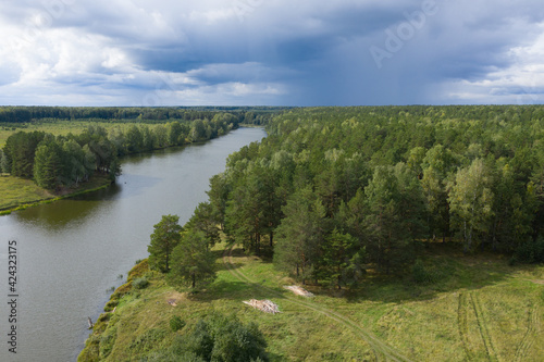 Drone aerial view river landscape. Summer landscape