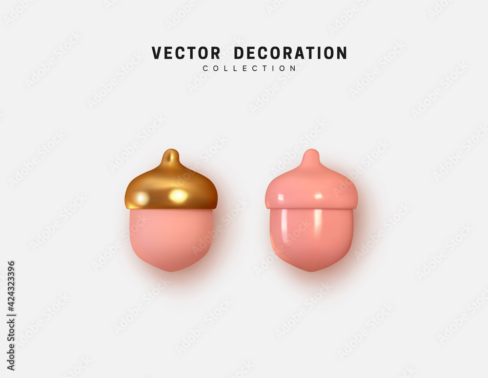 Fototapeta premium Acorns pink and gold realistic 3d, isolated set of objects on white background. Vector illustration