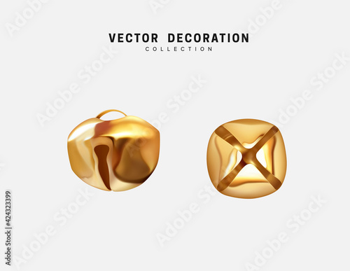 Christmas gold metal realistic bells. Vector illustration
