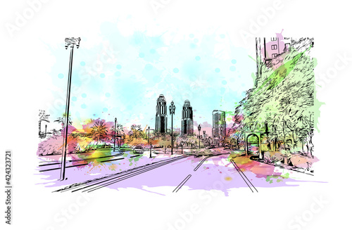 Building view with landmark of Doha is the capital and most populous city of the State of Qatar. Watercolour splash with hand drawn sketch illustration in vector.
