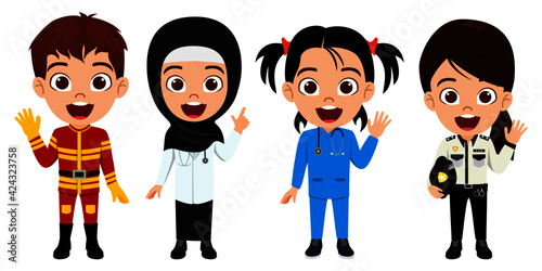 Happy cute smart muslim kid girls wearing doctor nurse emergency team and wearing hijab  with cheerful expression waving