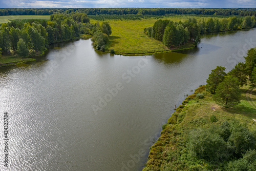 Drone aerial view river landscape. Summer landscape