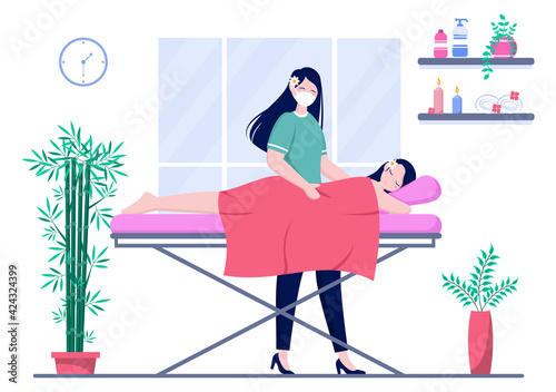 Massage Vector Illustration In Beauty Salon, Body Spa, Relaxation, Facial Essential And Skincare. Flat Design