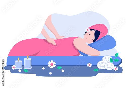 Massage Vector Illustration In Beauty Salon, Body Spa, Relaxation, Facial Essential And Skincare. Flat Design