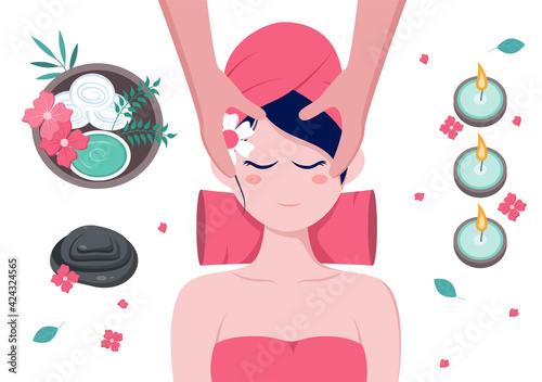 Massage Vector Illustration In Beauty Salon, Body Spa, Relaxation, Facial Essential And Skincare. Flat Design