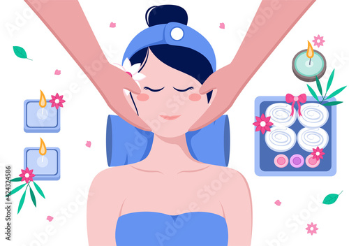 Massage Vector Illustration In Beauty Salon, Body Spa, Relaxation, Facial Essential And Skincare. Flat Design