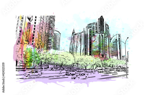 Building view with landmark of Doha is the capital and most populous city of the State of Qatar. Watercolour splash with hand drawn sketch illustration in vector.