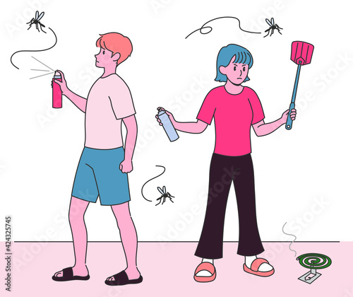 A man and a woman are chasing mosquitoes with sprays and sticks flappers. hand drawn style vector design illustrations. 