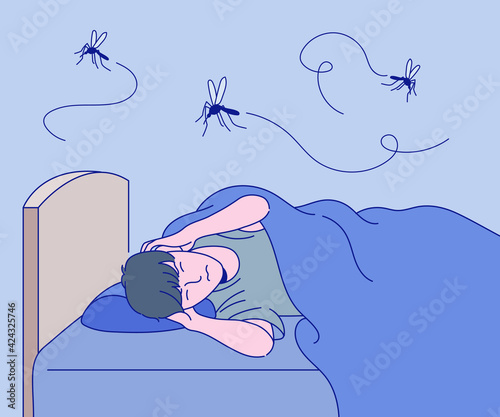 A man is unable to sleep at the sound of mosquitoes. hand drawn style vector design illustrations. 