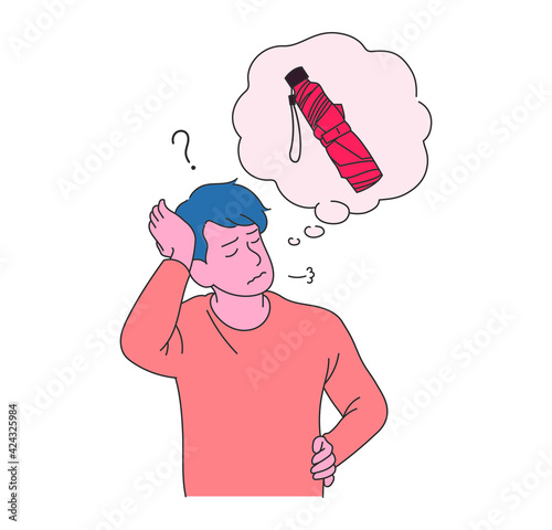 A boy forgets his umbrella and sighs. hand drawn style vector design illustrations. 