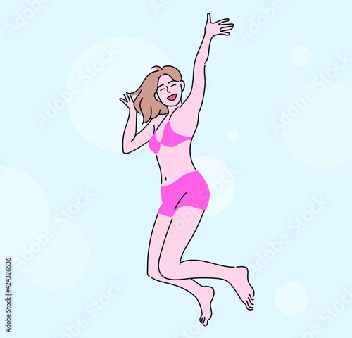 A woman who came to the beach in the summer is jumping excitedly wearing a swimsuit. hand drawn style vector design illustrations. 