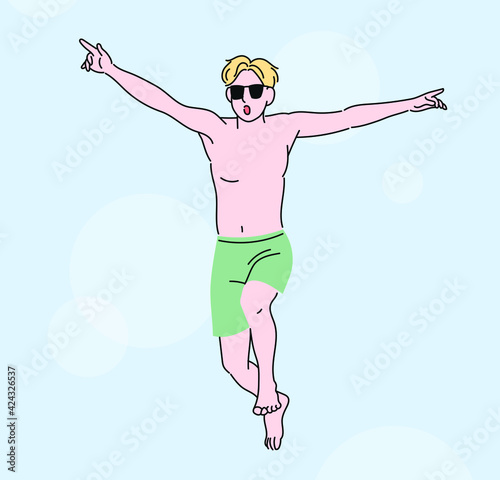 A man who came to the beach in the summer is jumping excitedly wearing a swimsuit. hand drawn style vector design illustrations. 