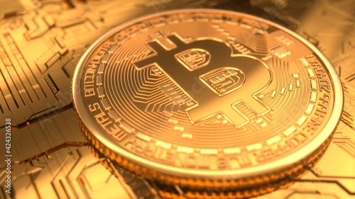 Golden coins with bitcoin symbol on a chip board. Bitcoin gold money futuristic network business concept. Digital background. Virtual reality, cyber. Cryptocurrency blockchain. 3d render