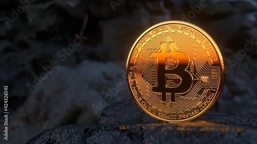 Golden bitcoin standing on stones on dark mountains background. Crypto currency blockchain. For background and commercial use. Virtual money concepts. Blockchain technology, bitcoin mining. 3d render