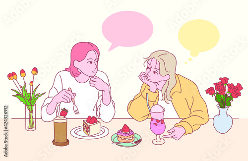 Two friends are drinking cake and juice at a strawberry dessert shop. hand drawn style vector design illustrations. 