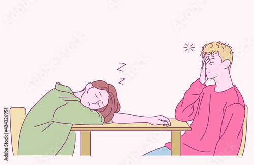 A man and a woman are sleeping at the table. hand drawn style vector design illustrations. 