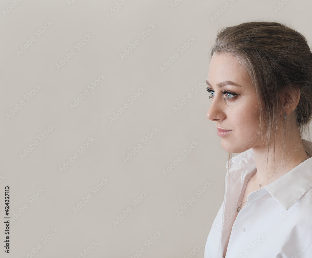 Pensive attractive millennial woman thinking contemplating looking aside. focused intelligent woman concentrated on inner thought. copy space Pensive attractive millennial woman thinking contemplating looking aside. focused intelligent woman concentrated on inner thought. copy space