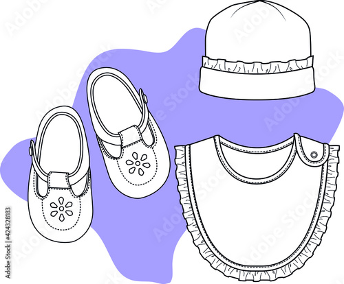 Baby hat, shoes and bib design flat sketch. vector illustration photo