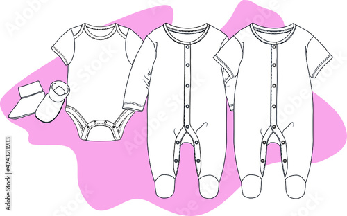 Jumpsuit, Short Sleeve Bodysuit, Long Sleeve Sleepsuit, Booties Set vector flat sketch. Baby clothing design set. Baby clothes design template 