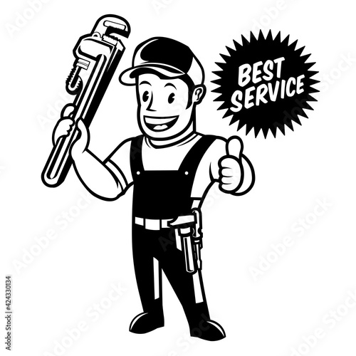 Plumber man logo cartoon in retro style