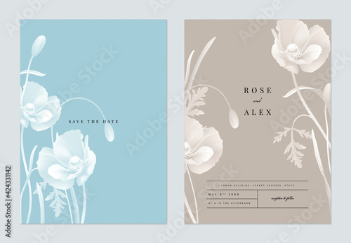 Floral wedding invitation card template design, monochrome poppy flowers with leaves on blue and grey, two tones color