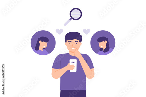 a single boy uses a smartphone to find or choose a friend or girlfriend. a matchmaking application concept. new friends. flat style. vector design