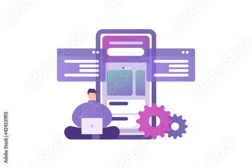 a concept UI and UX designer. full stack developer, software programmer. illustration of a male programmer who is creating or designing a smartphone application. flat style. vector design