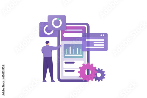 a concept UI and UX designer. full stack developer, software programmer. illustration of a male programmer who is creating or designing a smartphone application. flat style. vector design