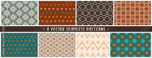 Set of vector eps geometric seamless mix and match surface patterns in tan, burnt oranges, pleasing champagne tones to create your custom paper items, web design, branding, packaging, interior objects