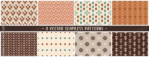 Set of vector eps geometric seamless mix and match patterns in tan, burnt oranges, pleasing champagne tones to create your custom designs, branding, packaging, furniture, interior objects and surfaces
