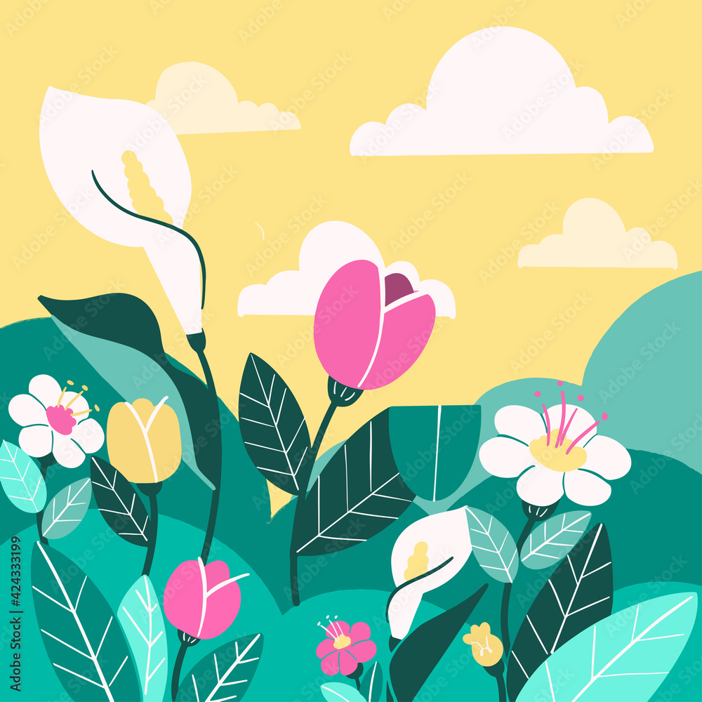Obraz premium Natural Spring Hill Background Template Doodle Drawn Illustration
