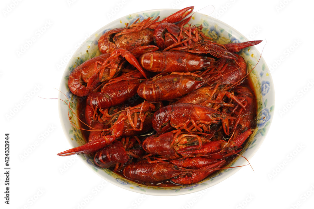 cooked crayfish in the plate isolated on white background cooked crayfish in the plate isolated on white background