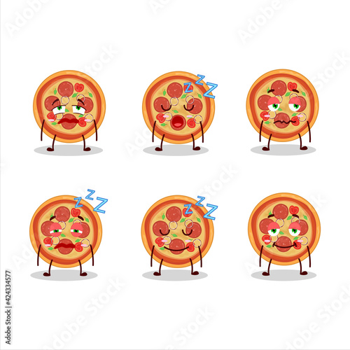 Cartoon character of beef pizza with sleepy expression