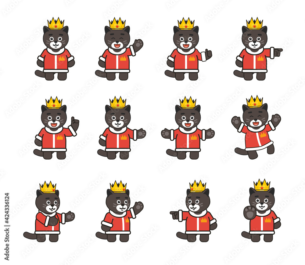Black cat, panther king characters set showing various hand gestures. Modern vector illustration