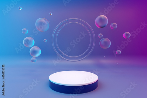 3d illustration of a  white  scene  with transparent water bubbles in the background on a   gradient  background. A close-up of a round monocrome pedestal.