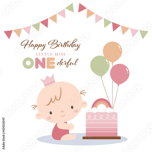 Baby girl celebrating her first birthday with birthday cake, balloons, and garlands. Girl's first birthday celebration with rainbow theme.