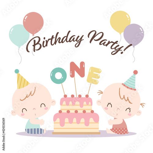 Two babies celebrating their first birthday with layered birthday cake and balloons. Boy and girl twin's first birthday party.