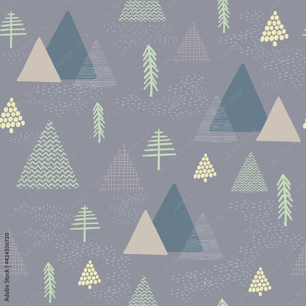 seamless vector winter oliver green background with drawn tree, mountain pattern