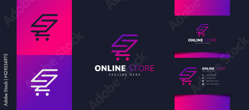 Online Store Logo Design with Shopping Cart as S Initial in Colorful Gradient, Usable for Business or Store Logos