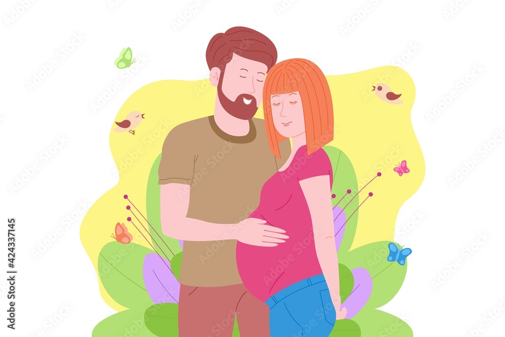 Pregnancy, motherhood concept. Pregnant and happy beautiful young woman holds her belly, hugged by a young man. Flat cartoon vector illustration of a married couple awaiting the birth of a child. Pregnancy, motherhood concept. Pregnant and happy beautiful young woman holds her belly, hugged by a young man. Flat cartoon vector illustration of a married couple awaiting the birth of a child.